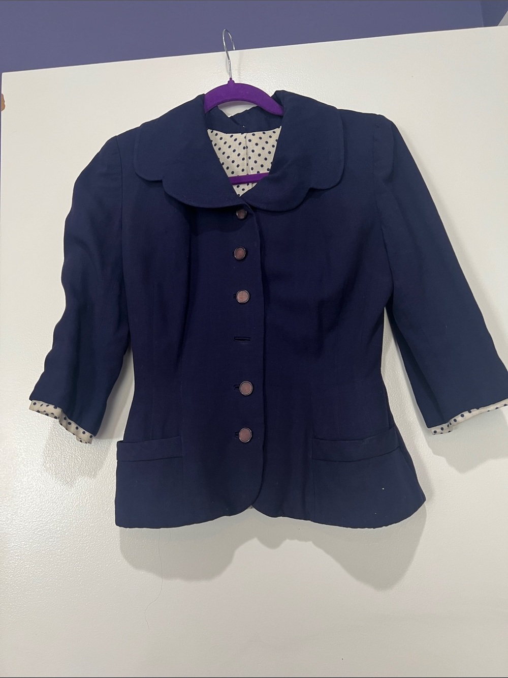 Vintage Lesley Fay Scalloped Collar Navy Women's Blazer with Polka Dot Trim XS